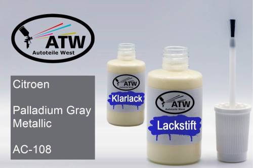 Citroen, Palladium Gray Metallic, AC-108: 20ml Lackstift + 20ml Klarlack - Set, von ATW Autoteile West.